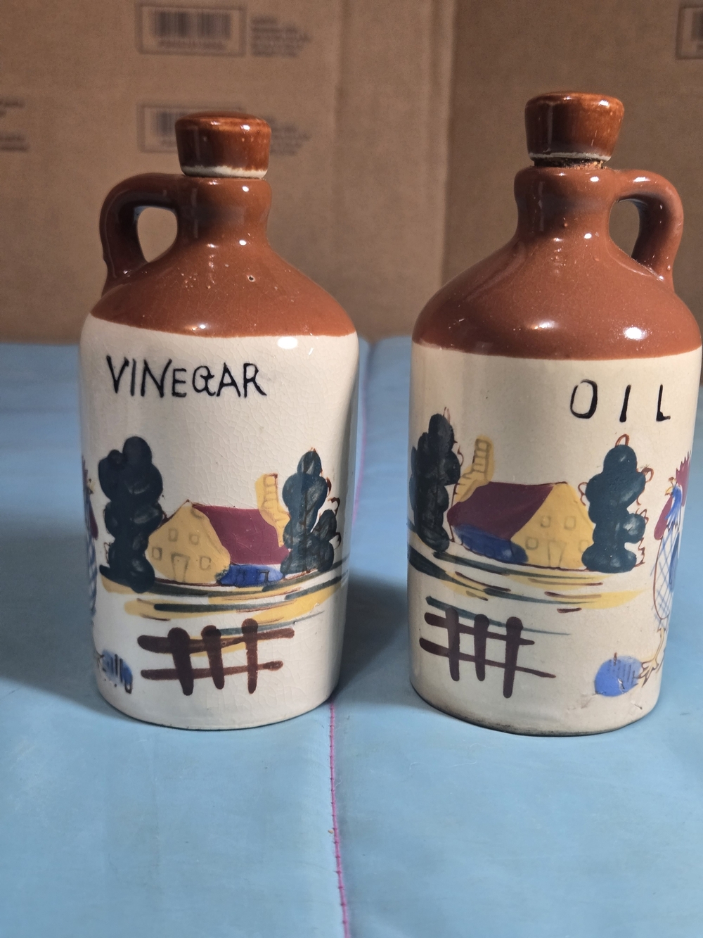 Vintage Ceramic Oil & Vinegar Cruet Set - Brown, Cream, Blue